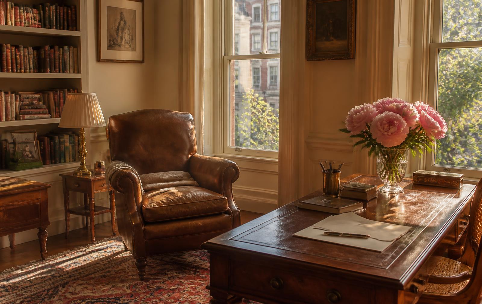 A sunlit sitting room with a writing desk and peonies